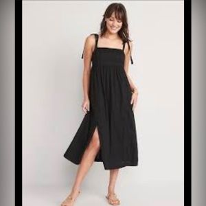 Tie-Shoulder Black Split-Front Midi Swing Dress